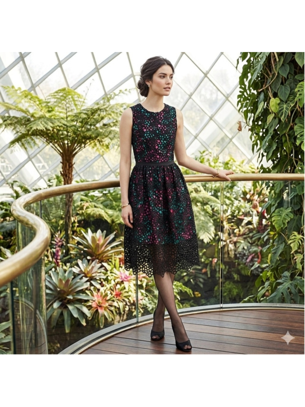 Wolven Black Midi Dress with Teal and Magenta Floral Accents